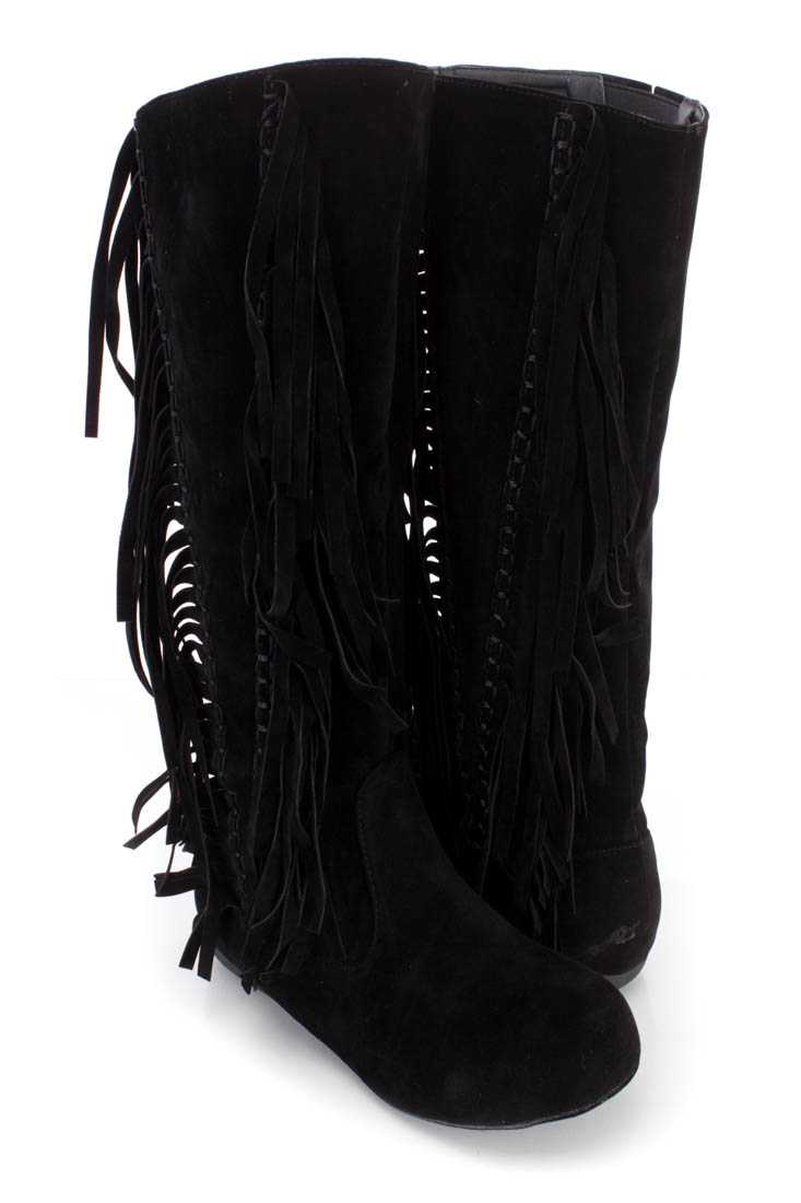 Black Fringe Stitched Mid Calf Boots Faux Suede
