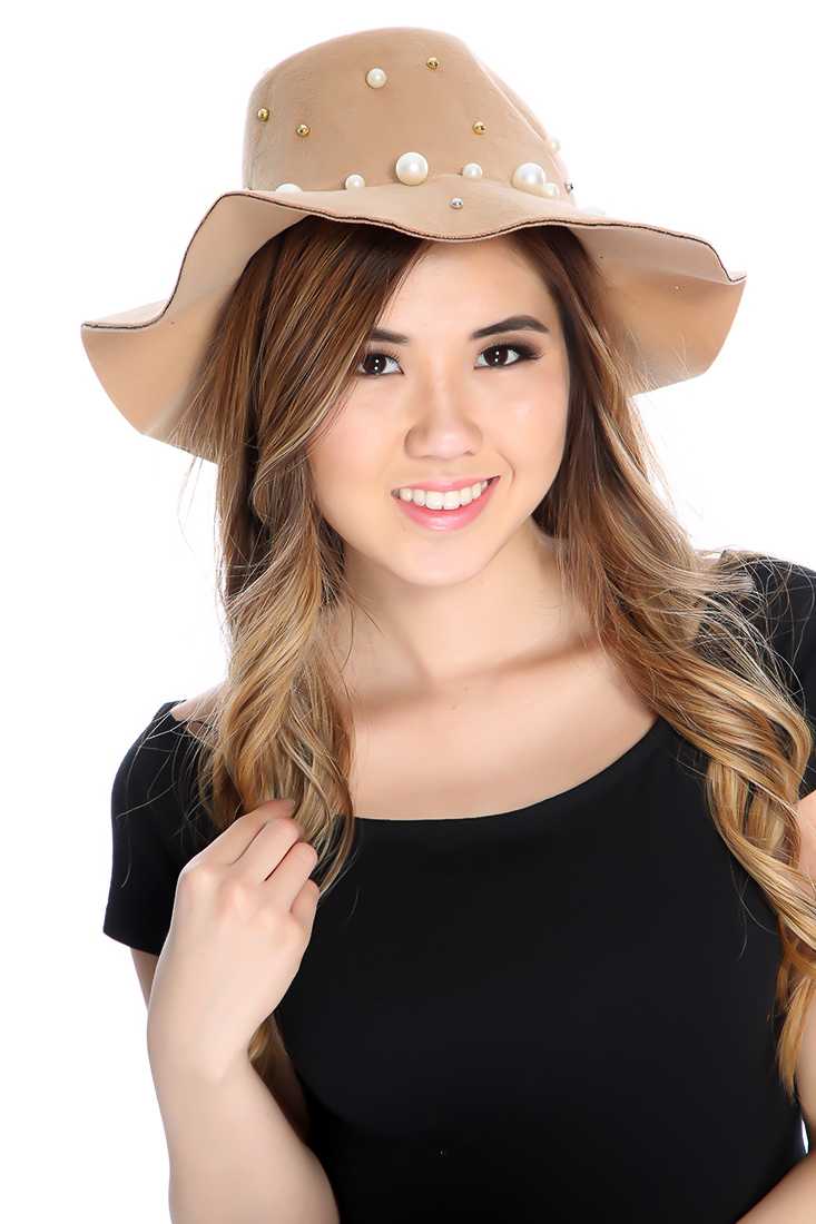 Tan Felt Faux Pearl Homburg Hat