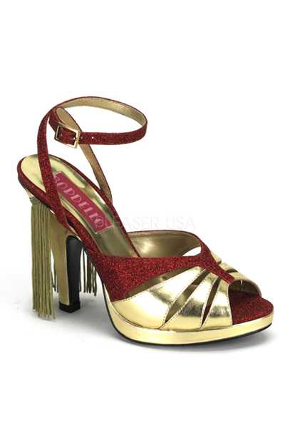 Red Gold Glitter Faux Leather Peep Toe Fringe High Heels