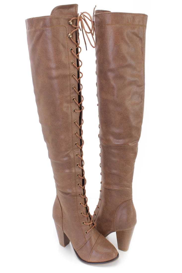 Tan Lace Up Thigh High Heel Boots Nubuck Faux Leather