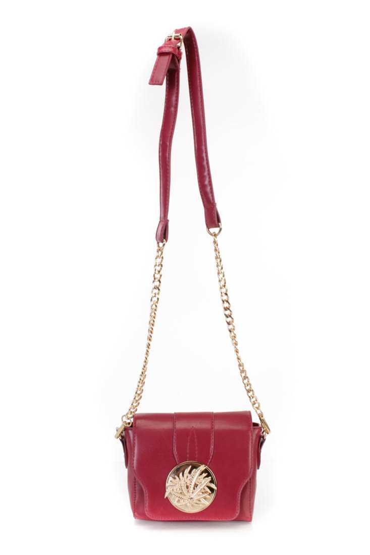 Wine Faux Leather High Polish Leaf Accent Mini Handbag