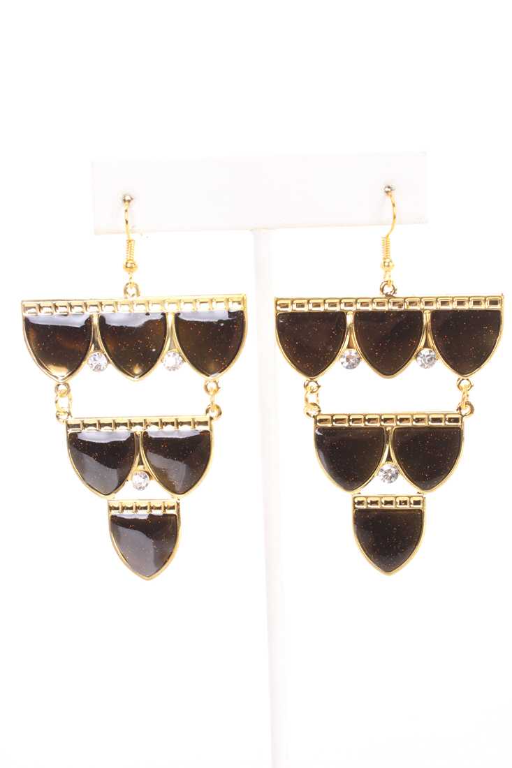 Dark Brown High Polish Droopy Rhinestone Accent Chandelier Earrings