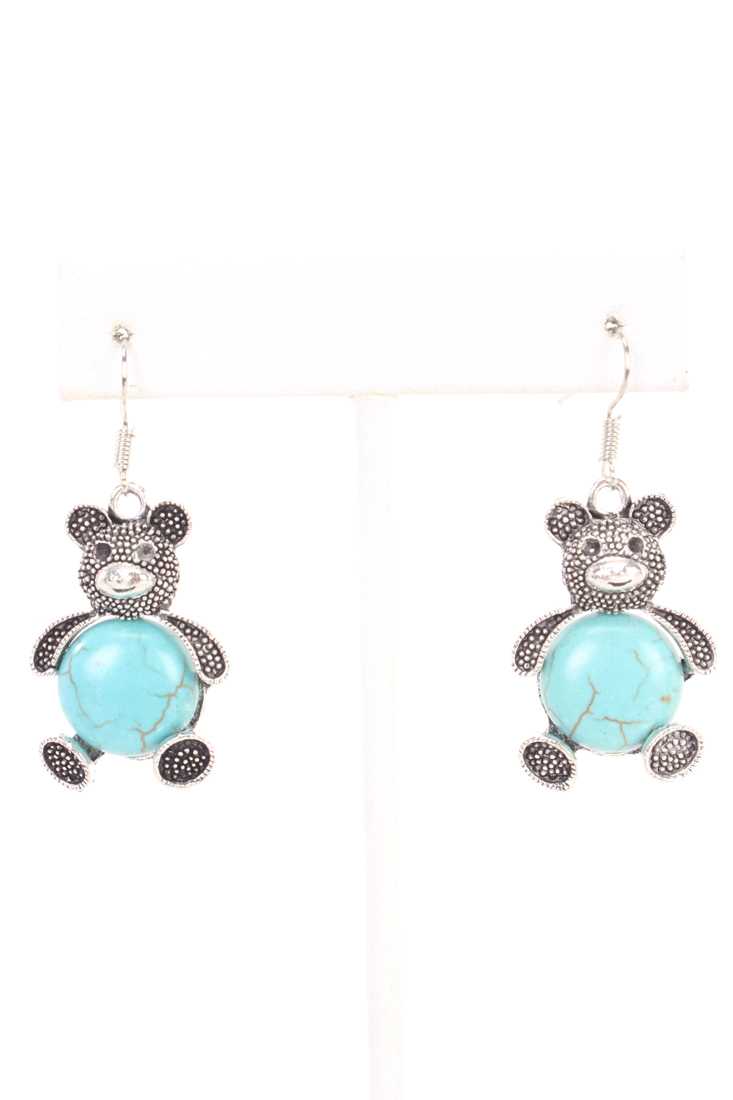 Teal Detailed Bear Centered Pendant Design High Polish Earrings