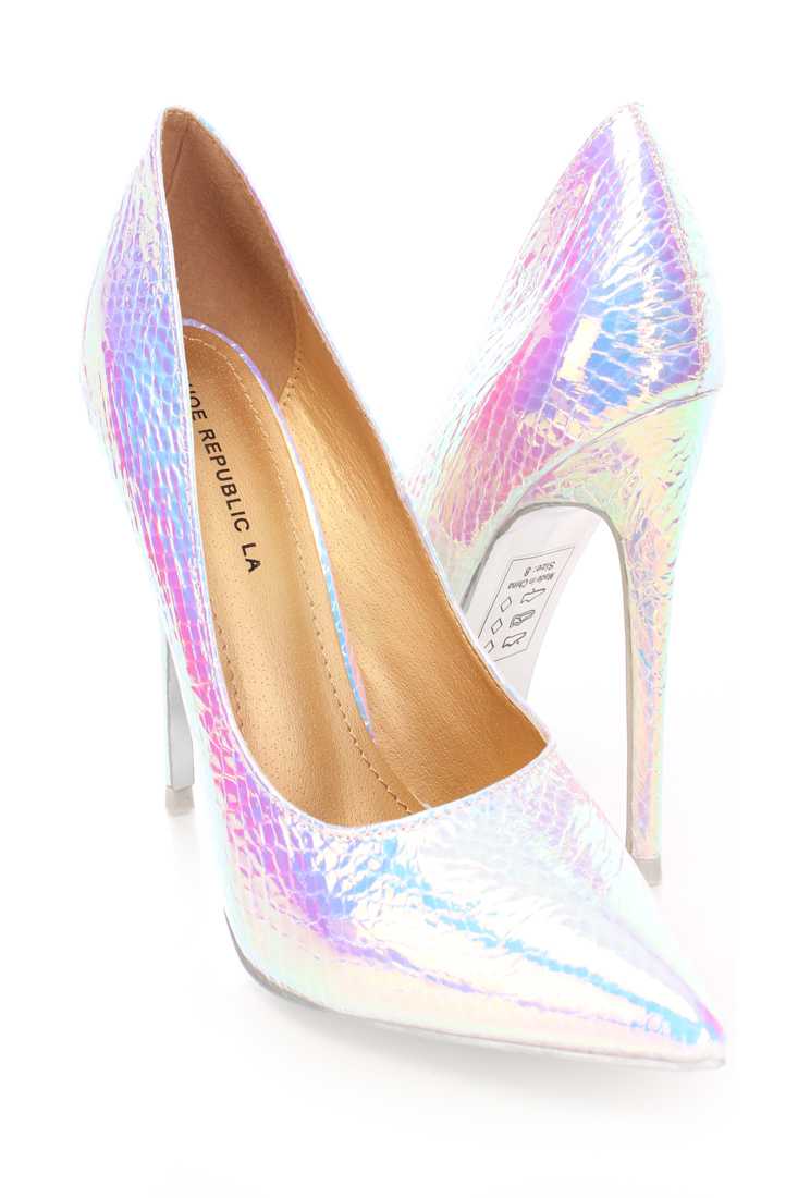 Silver Holographic Pump Heels Faux Leather