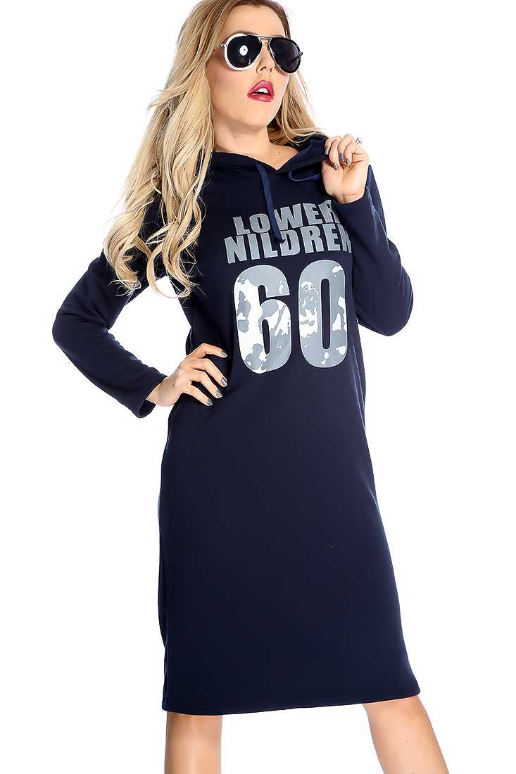 Navy Long Sleeve Plush Lining Graphic Print Sweater Dress