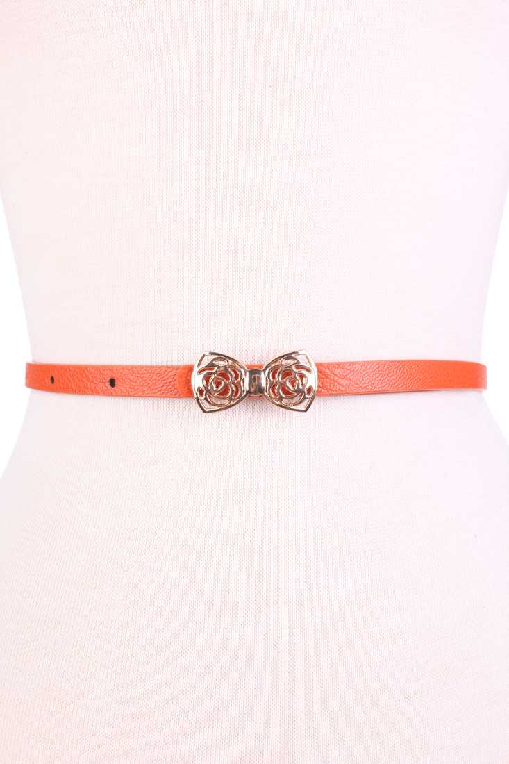 Orange Faux Leather High Polish Rose Bow Design Thin Band Belt