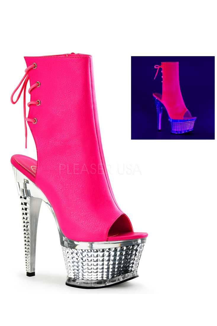 Neon Hot Pink Silver Open Toe Lace Up Platform High Heel Faux Leather