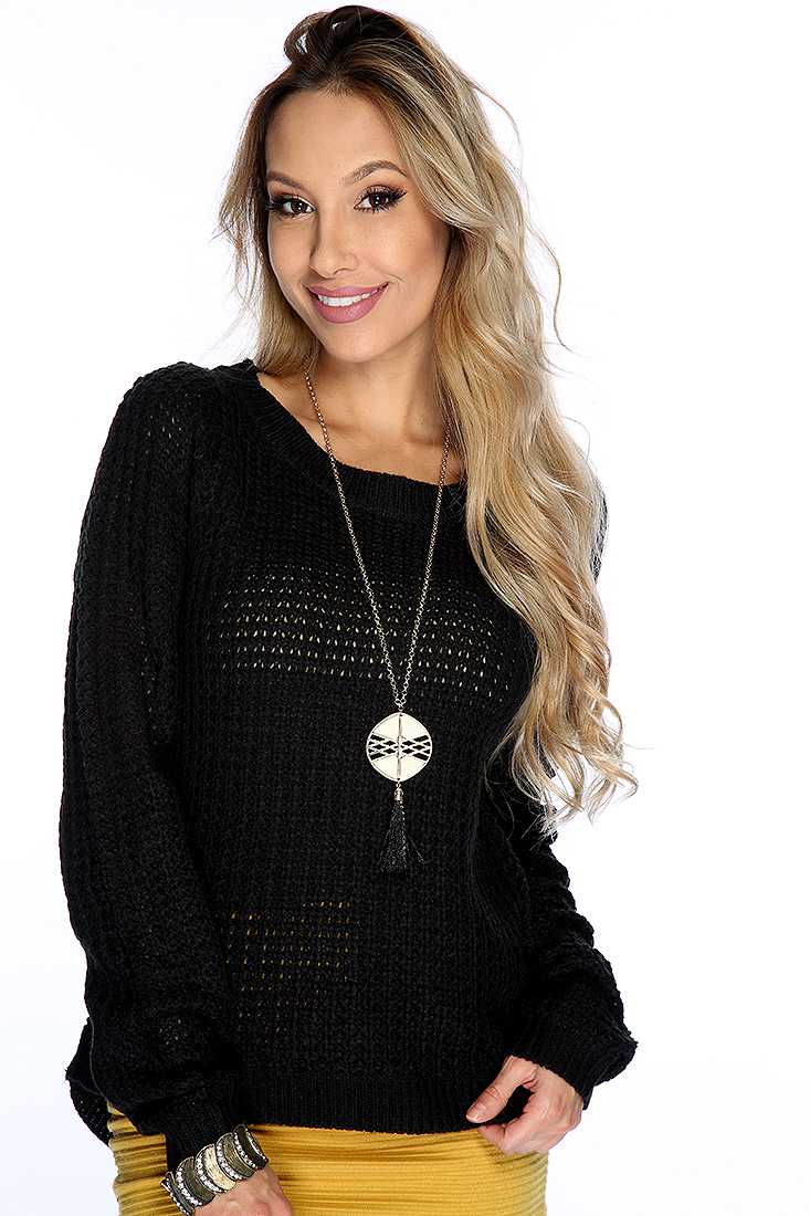 Black Open Knit Long Sleeve Cute Fall Sweater