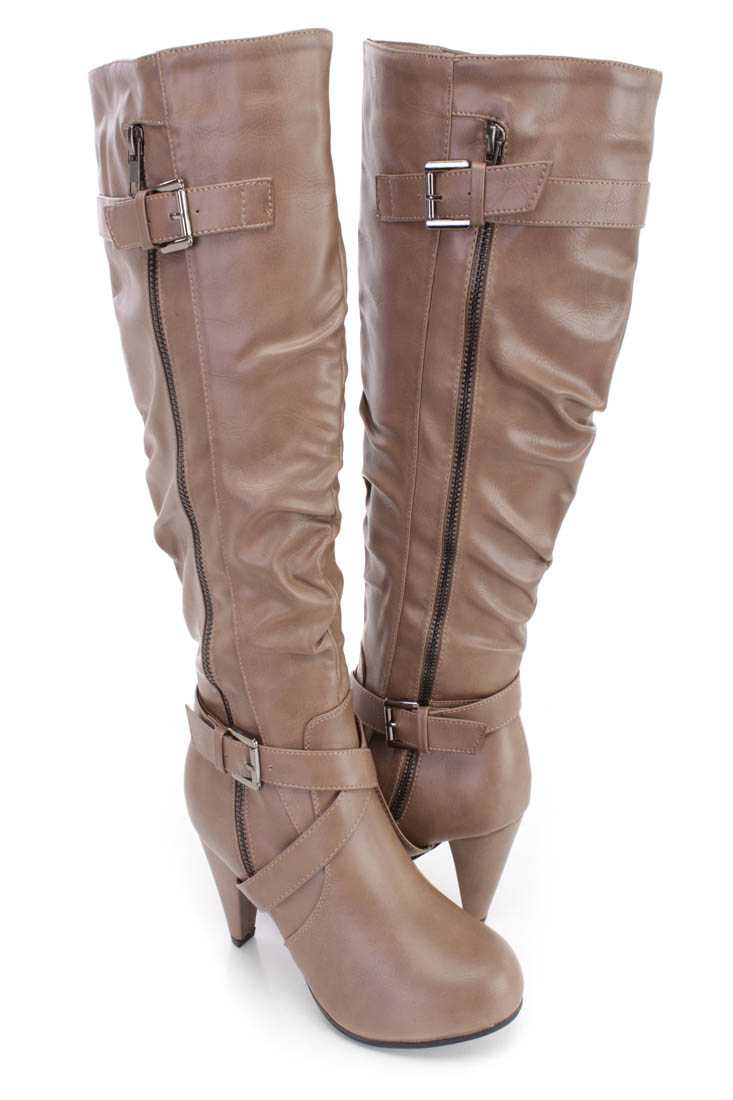 Taupe Strappy High Heel Boots Faux Leather
