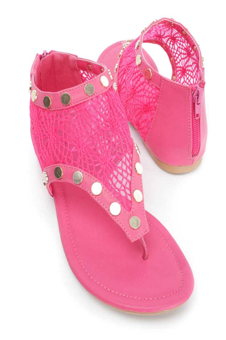 Fuchsia Studded Crochet Thong Sandals Faux Leather