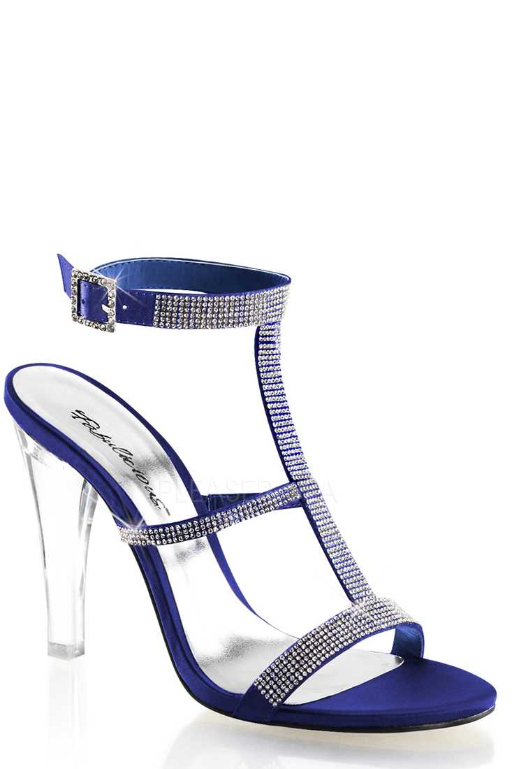 Royal Blue Rhinestone T Strap Satin High Heels