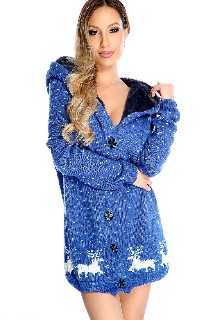 Blue Long Sleeve Plush Lined Knitted Oversized Sweater