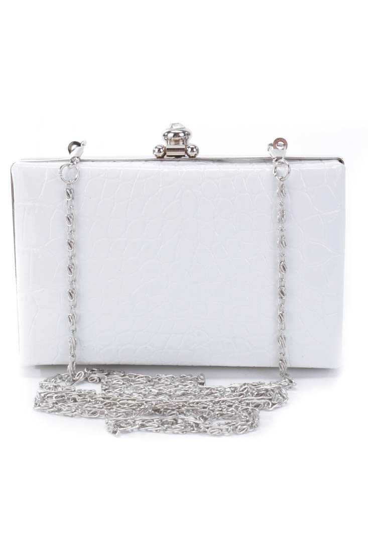 White Patent Faux Leather Reptile Textured Mini Clutch