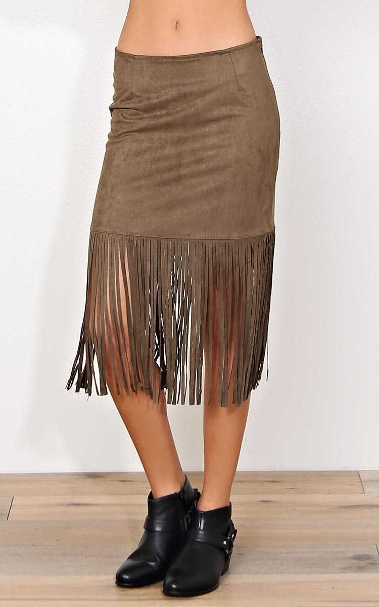 Love Struck Faux Suede Fring Skirt - - Olive/Drab in Size by Styles For Less