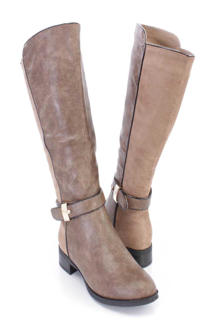 Taupe Knee High Riding Boots Faux Leather Suede