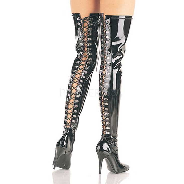 Black Corset Back Thigh High Boots Patent