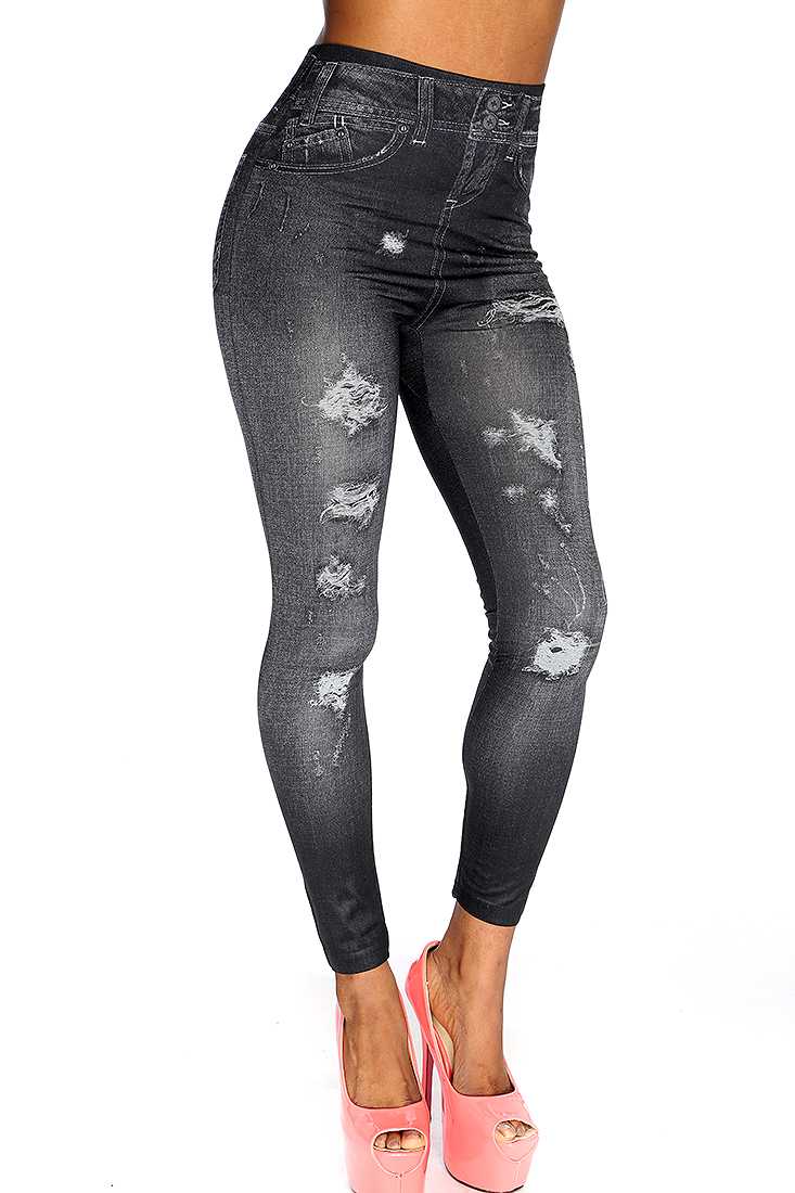 Black Ripped Print High Waist Jeggings Sexy Yoga Pants