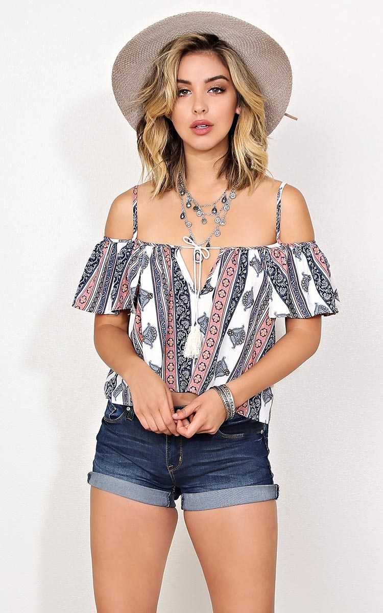 Paisley Crush Cold Shoulder Woven Top - LGE - Navy Combo in Size Large by Styles For Less