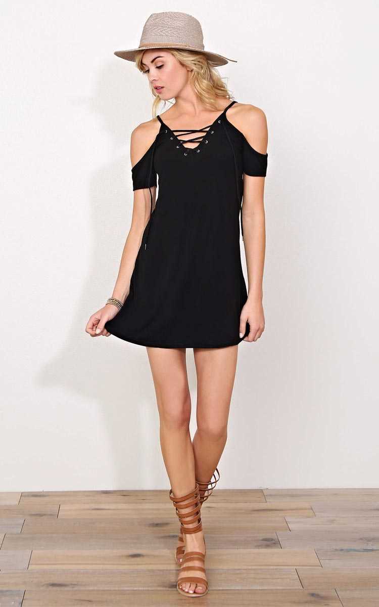 Luciana Knit Lace Up Tunic - MED - Black in Size Medium by Styles For Less