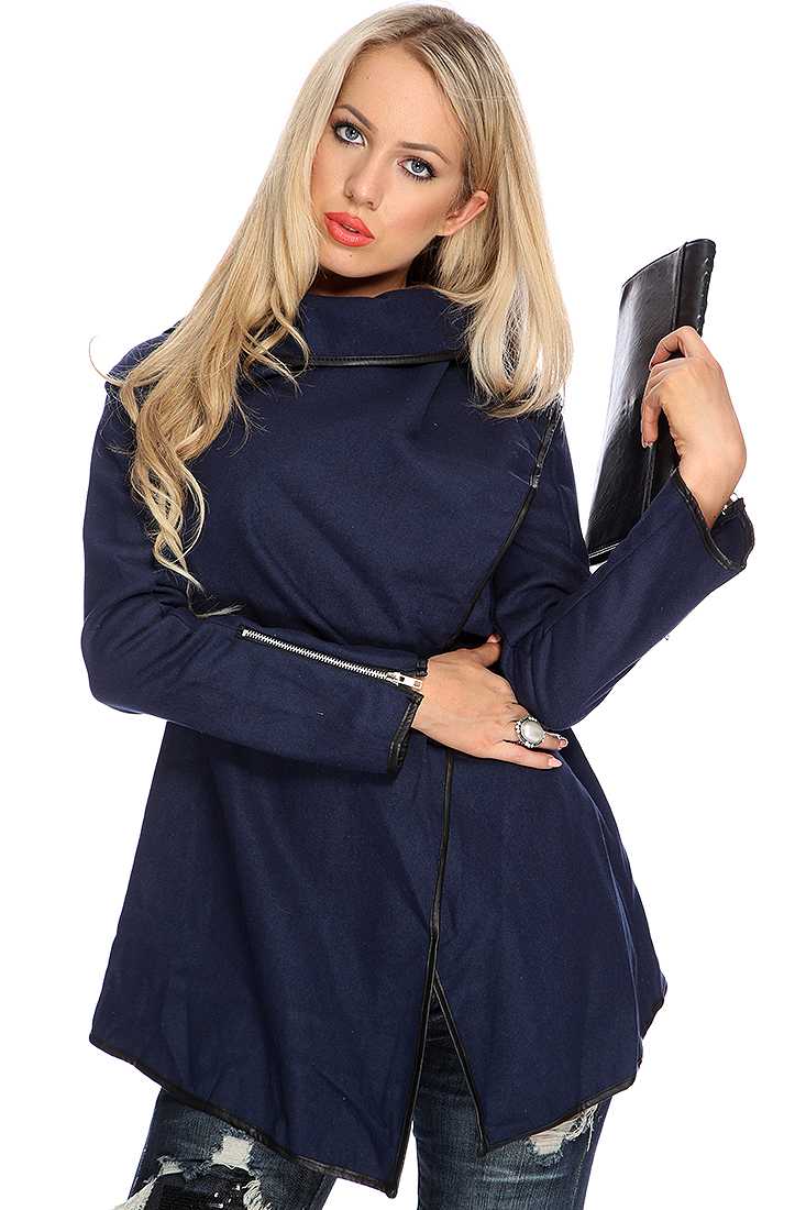Navy Asymmetrical Hem Long Sleeves Outerwear