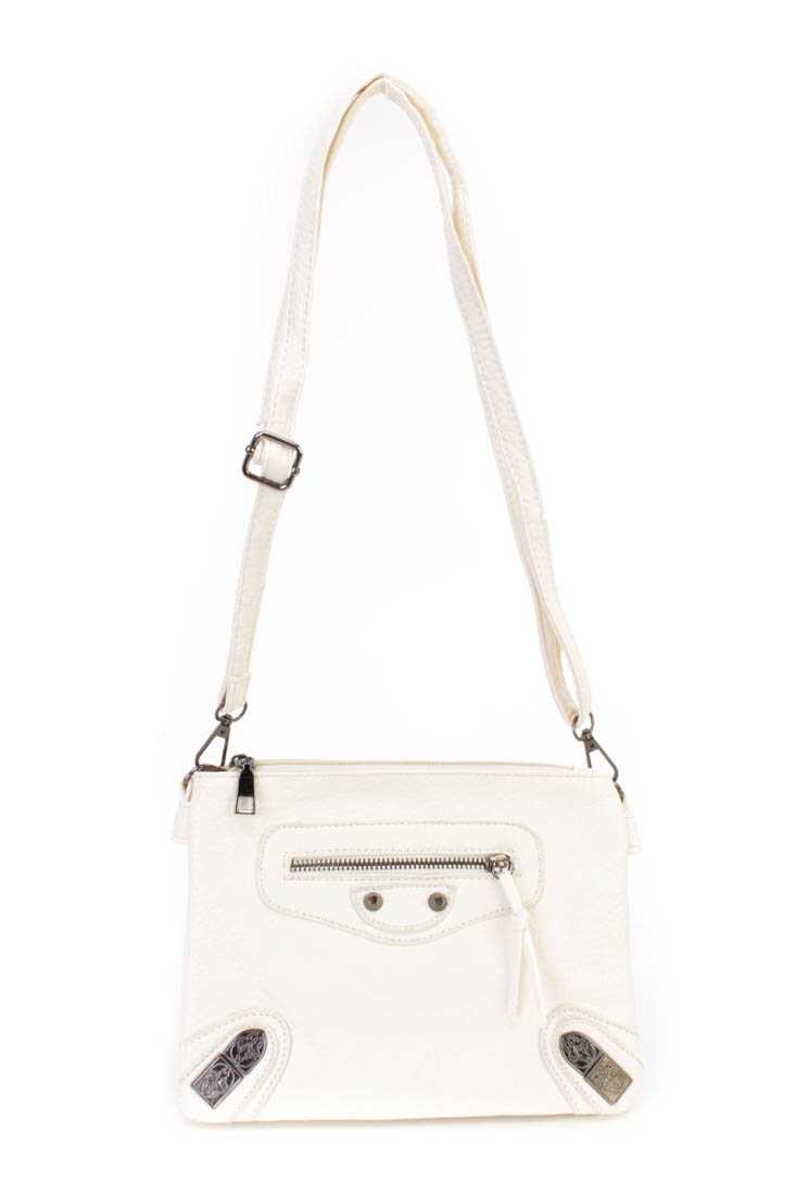 Cream Crinkled Faux Leather Double Zipper Handbag