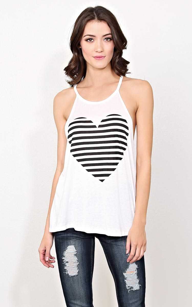 Striped Heart Knit Tank - SML - Ivry/Natrl in Size Small by Styles For Less