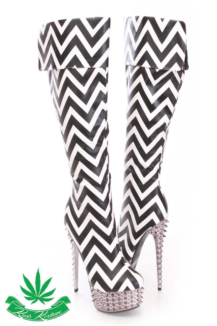 Black White Chevron Spiked Knee High Boots Faux Leather