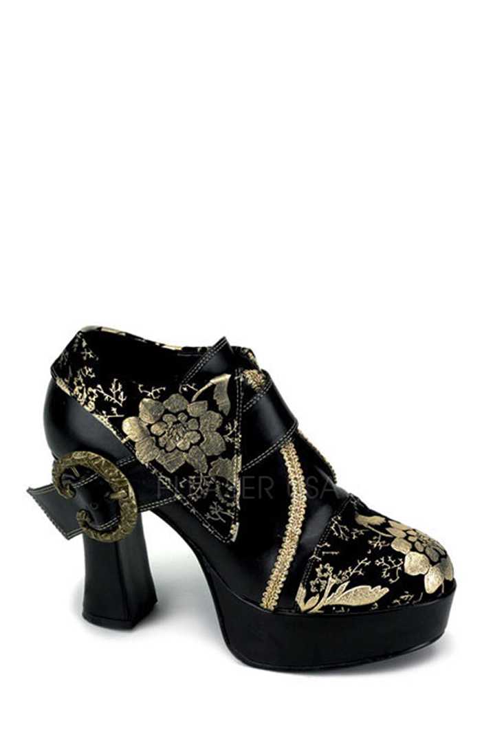 Black Metallic Floral Ankle Booties Faux Leather