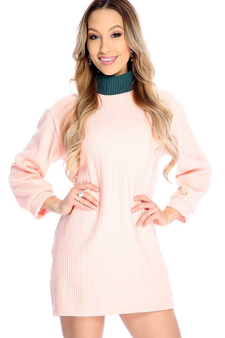 Dusty Pink Long Sleeve Ribbed Two Tone Causal Sweater Dress