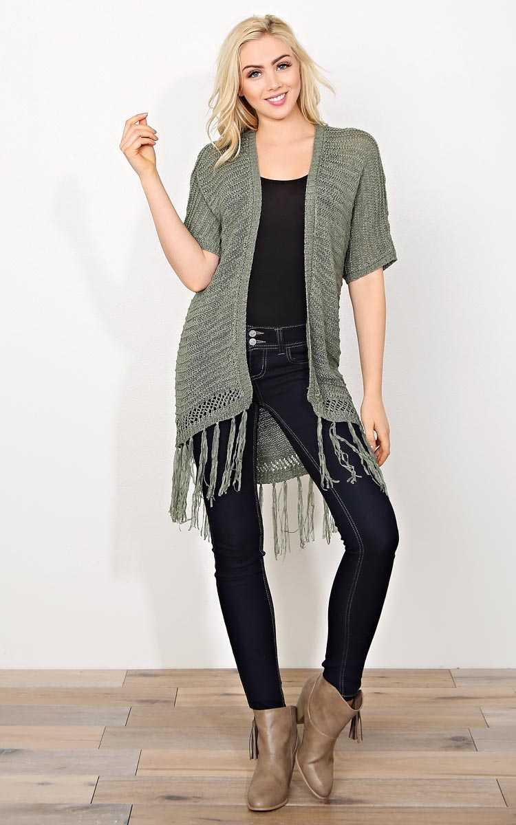 Jolene Knit Fringe Wrap - SML - Olive/Drab in Size Small by Styles For Less