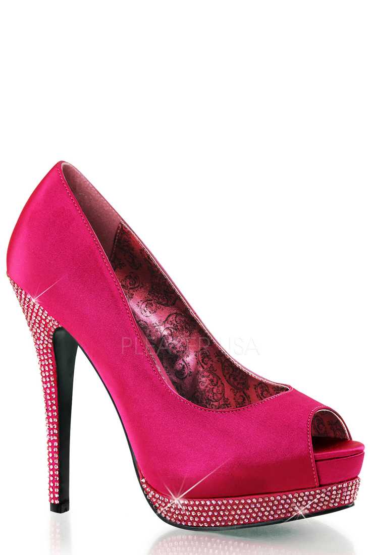 Hot Pink Peep Toe Rhinestone Platform Pump High Heels Satin