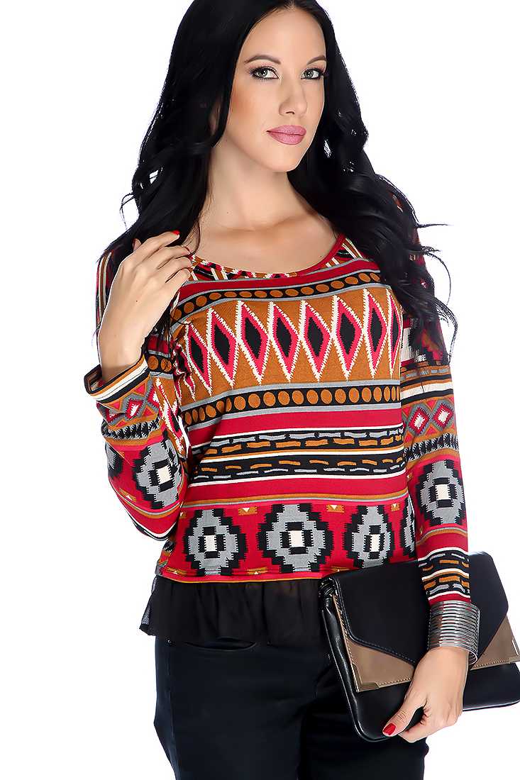 Burgundy Black Long Sleeve Tribal Print Mesh Hem Casual Top