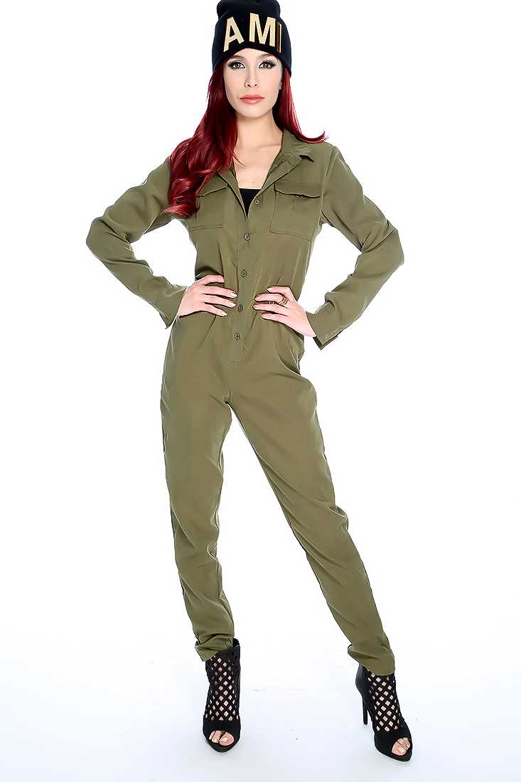 Sexy Olive Button Up Long Sleeve Jumpsuit