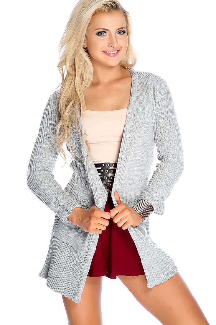 Grey Open Front Long Sleeve Knitted Cardigan