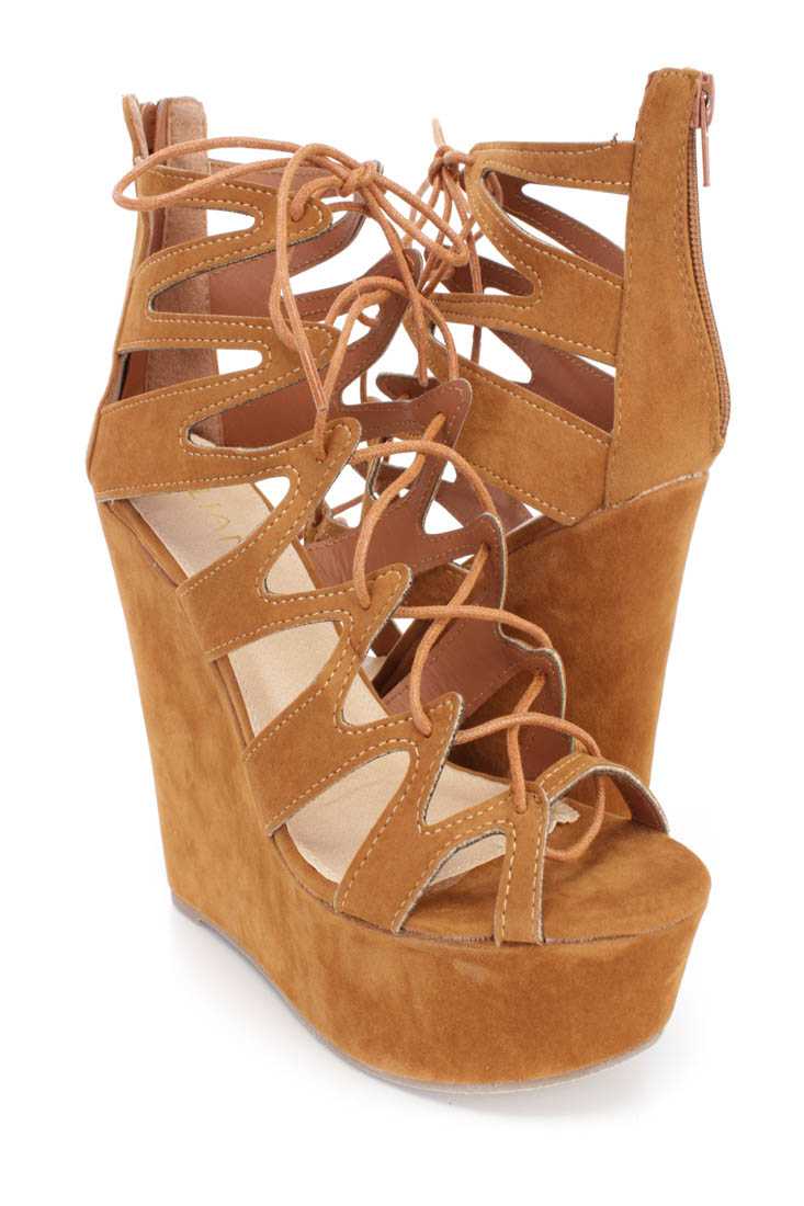 Tan Strappy Lace Up Platform Wedges Faux Suede
