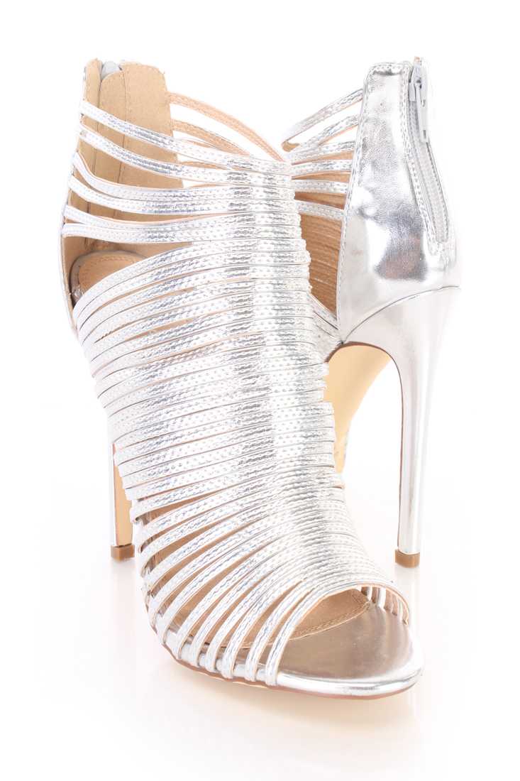 Silver Strappy Peep Toe Sandal Booties Faux Leather