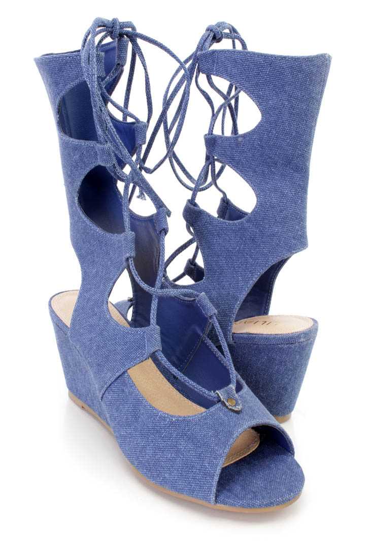 Denim Wrap Around String Tie Single Sole Sandal Wedges Fabric