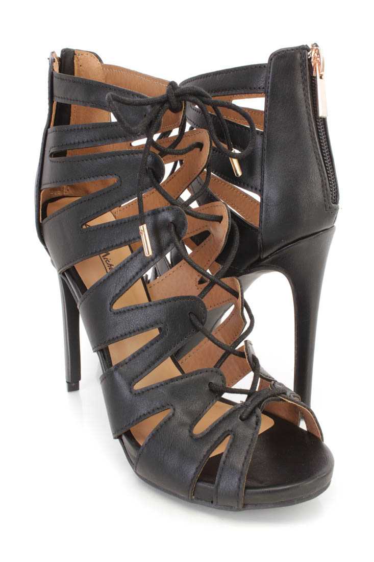 Black Strappy Lace Up Single Sole Ankle Booties Faux Leather