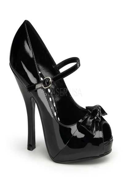 Black Patent Faux Leather Mid Strap Bow Tie High Heels