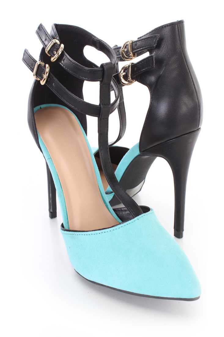 Turquoise T Strap Single Sole Heels Faux Suede