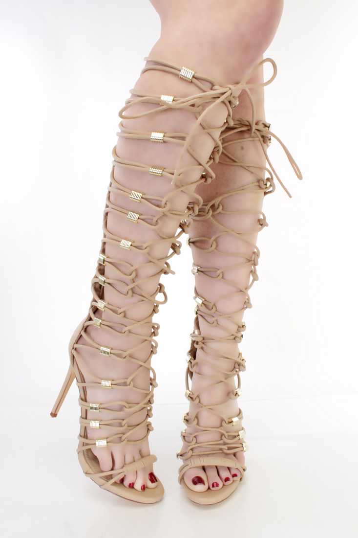 Beige Lace Up Single Sole Gladiator High Heels Faux Leather
