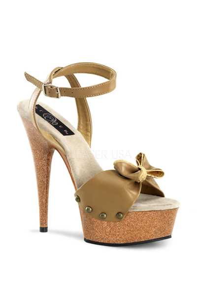 Tan Faux Leather Bow Wooden Platform High Heels