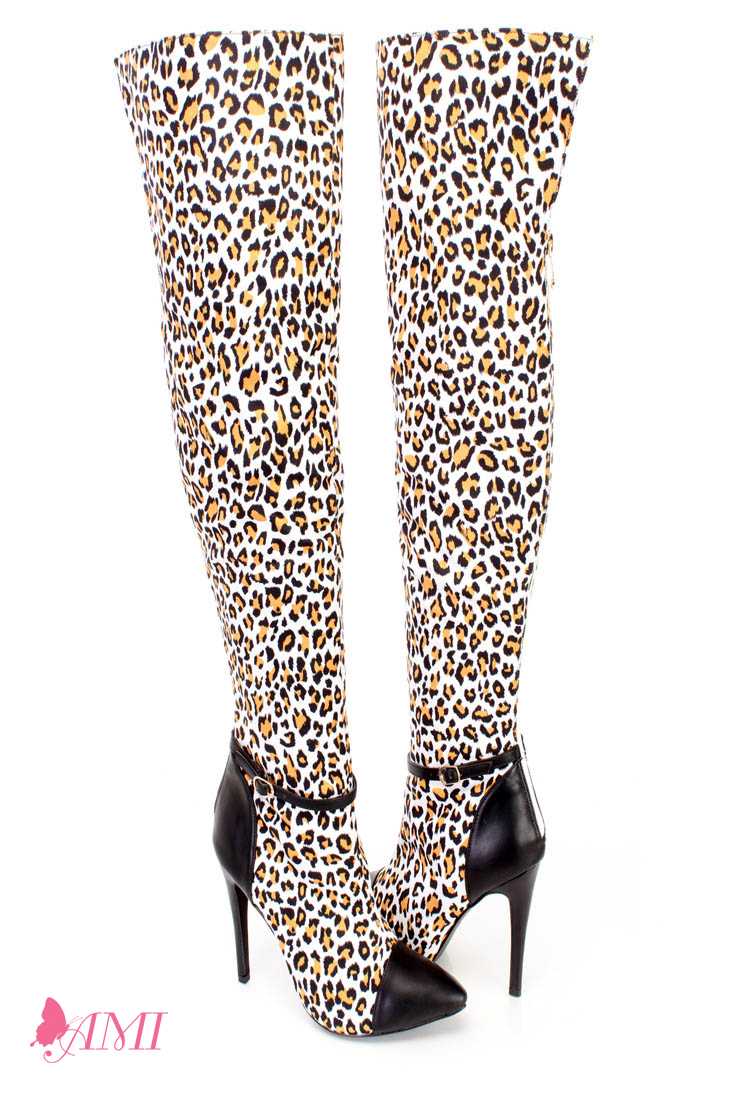 White Leoaprd Print Sexy Thigh High Boots Faux Suede