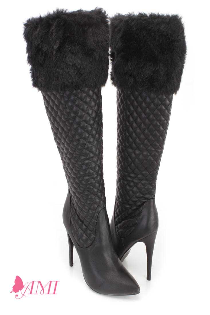 Black Faux Fur Cuffed Single Sole High Heel Boots Faux Leather