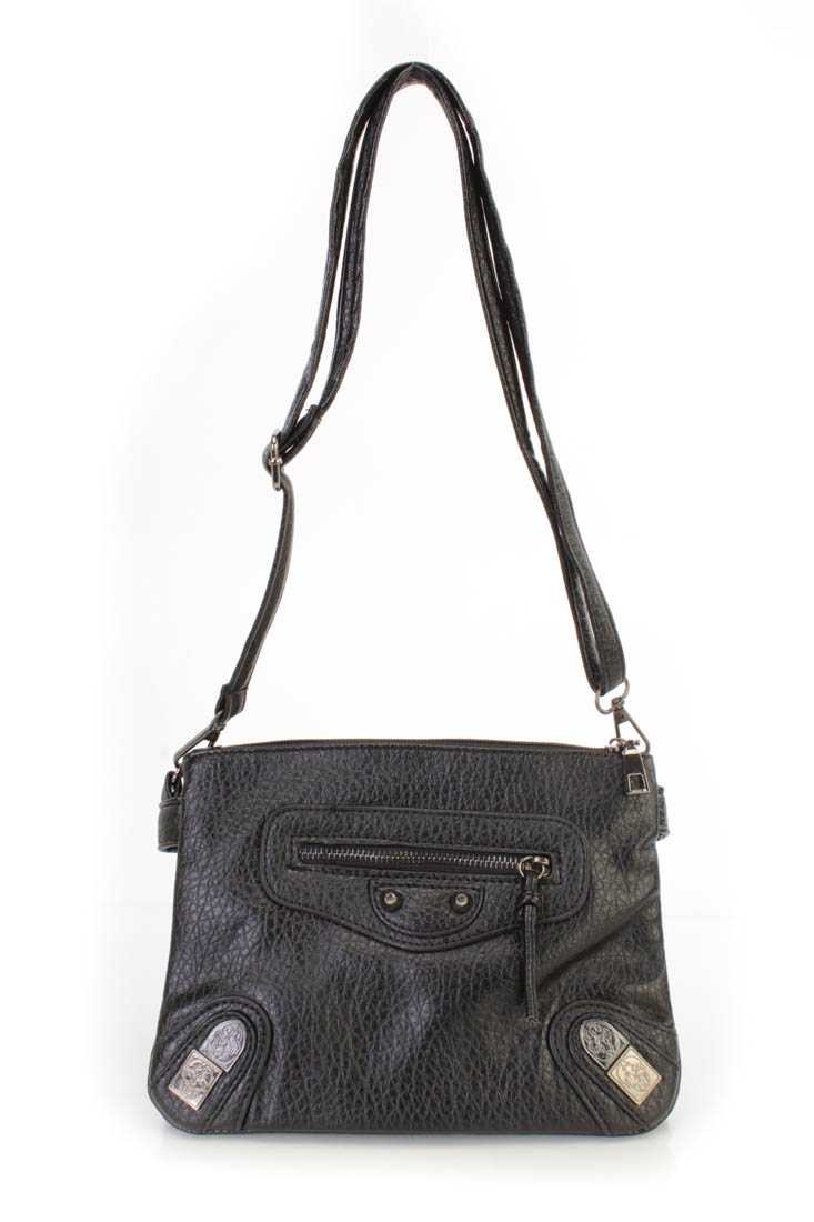 Black Crinkled Faux Leather Double Zipper Handbag