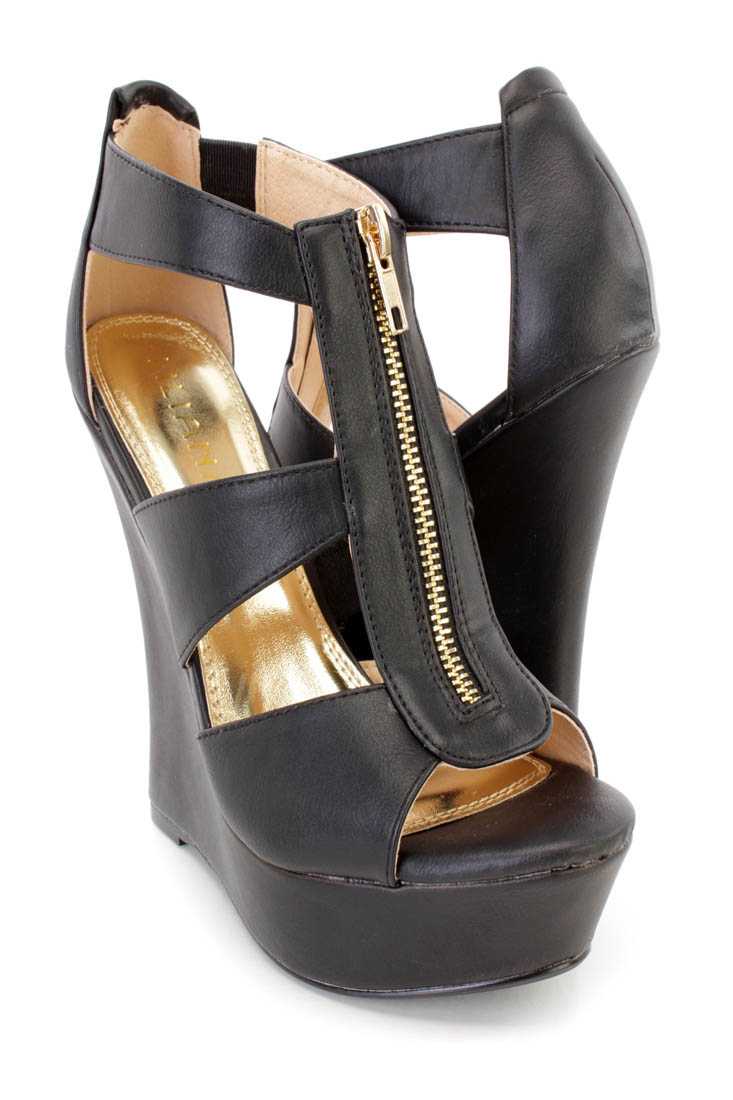 Black Strappy Front Zipper Platform Wedges Faux Leather