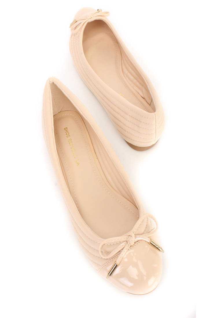 Nude Bow Tie Decor Flats Fabric