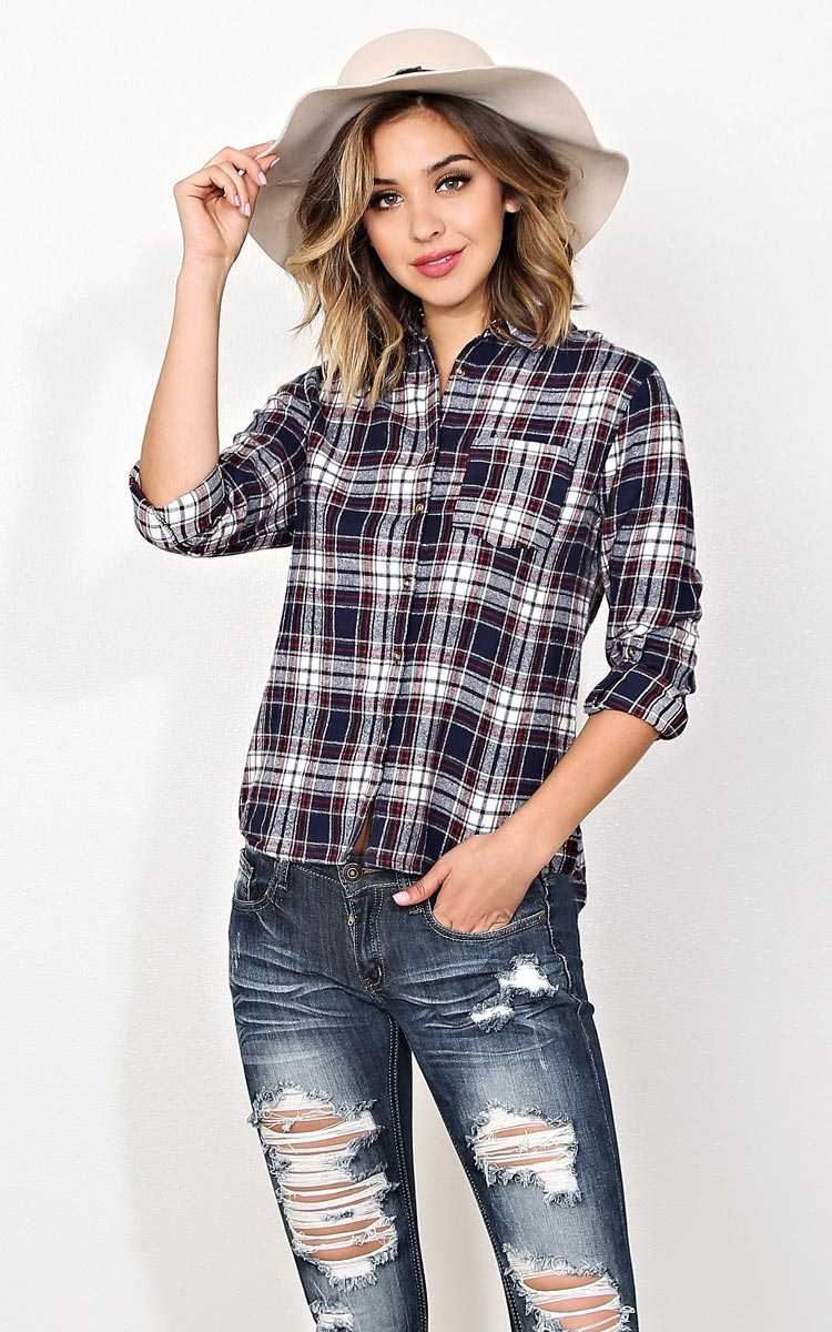 Into The Woods Flannel Plaid Top - MED - Navy Combo in Size Medium by Styles For Less