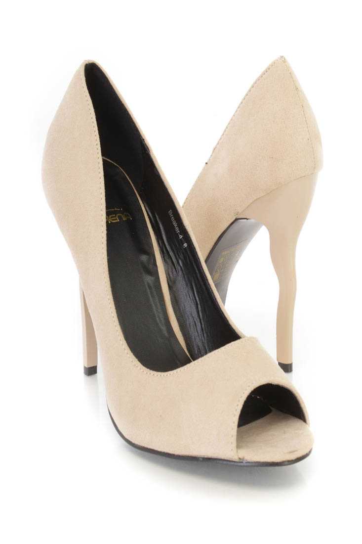 Nude Peep Toe Single Sole Pump High Heels Faux Suede