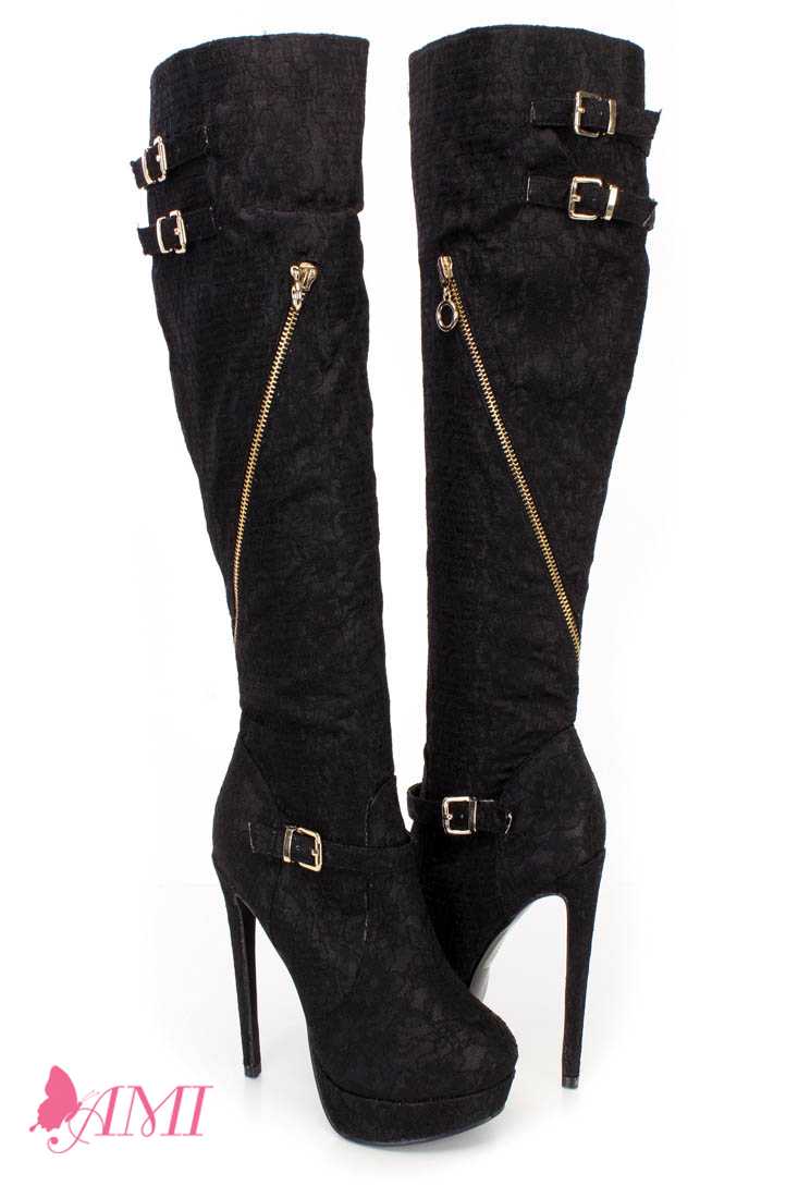 Black Knee High Strappy High Heel Boots Lace